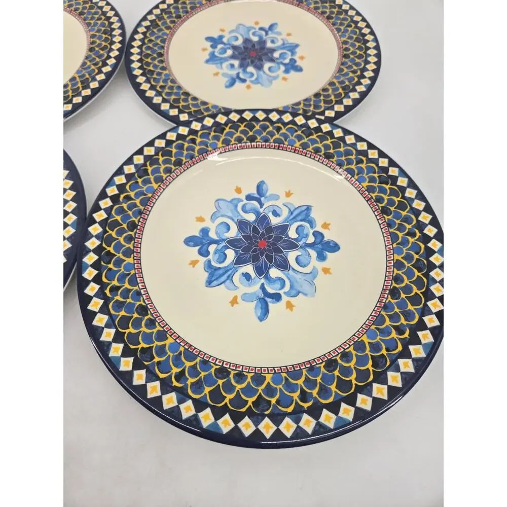4 pc Set Williams Sonoma Sicily Thick Melamine 10.75” Dinner Plates Blue Yellow